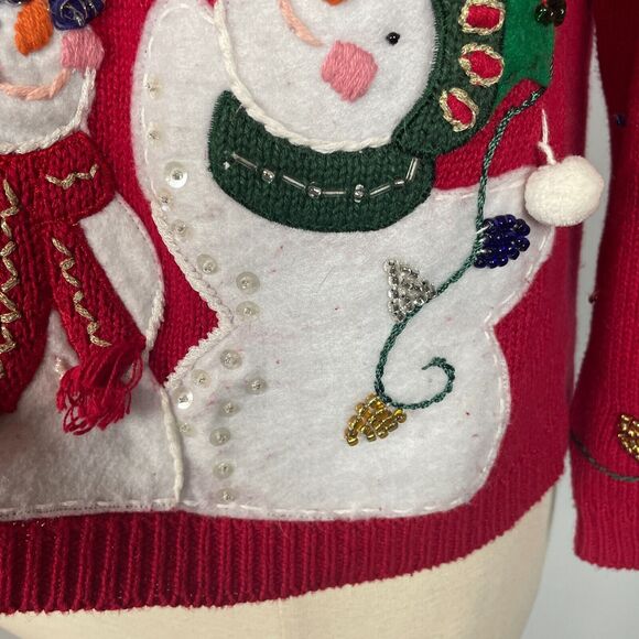 Ugly Christmas Sweater Size Large Red Zip Up Snowmen Winter Beaded Vintage Y2K - Picture 12 of 15